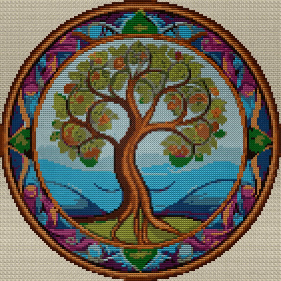 old-manuscript-tree full design mockup without frame old-manuscript-tree full cross stitch design mockup without frame, realistic embroidery preview