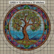 old-manuscript-tree close-up cross stitch detail showing color changes, confetti areas and stitch texture