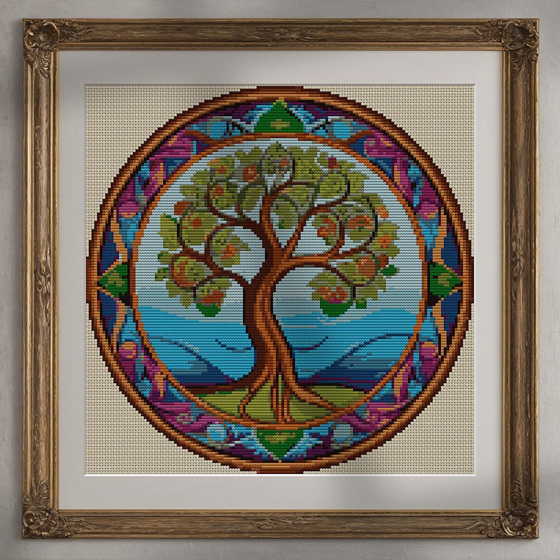 old-manuscript-tree alternative framed mockup old-manuscript-tree alternative framed cross stitch mockup, realistic finished embroidery presentation