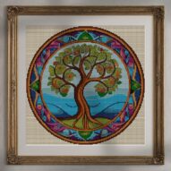 old-manuscript-tree alternative framed cross stitch mockup, realistic finished embroidery presentation