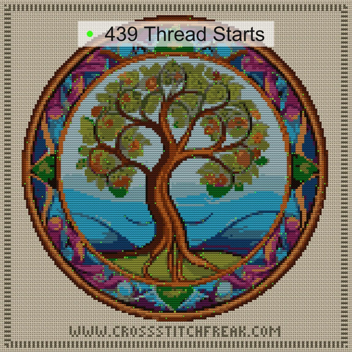 old-manuscript-tree thread start point map old-manuscript-tree cross stitch start point map with highlighted thread start positions in the full design