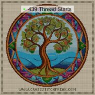 old-manuscript-tree cross stitch start point map with highlighted thread start positions in the full design