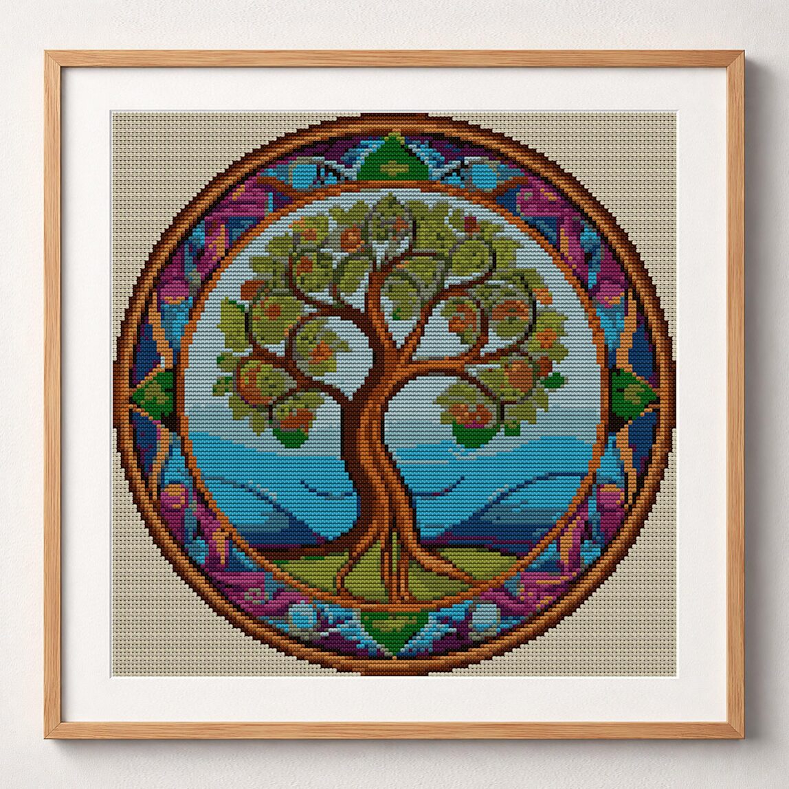 old-manuscript-tree framed cross stitch mockup old-manuscript-tree framed cross stitch mockup, realistic finished embroidery design, PDF pattern digital download