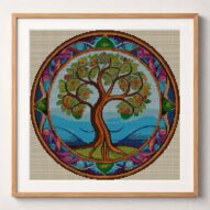 old-manuscript-tree framed cross stitch mockup, realistic finished embroidery design, PDF pattern digital download