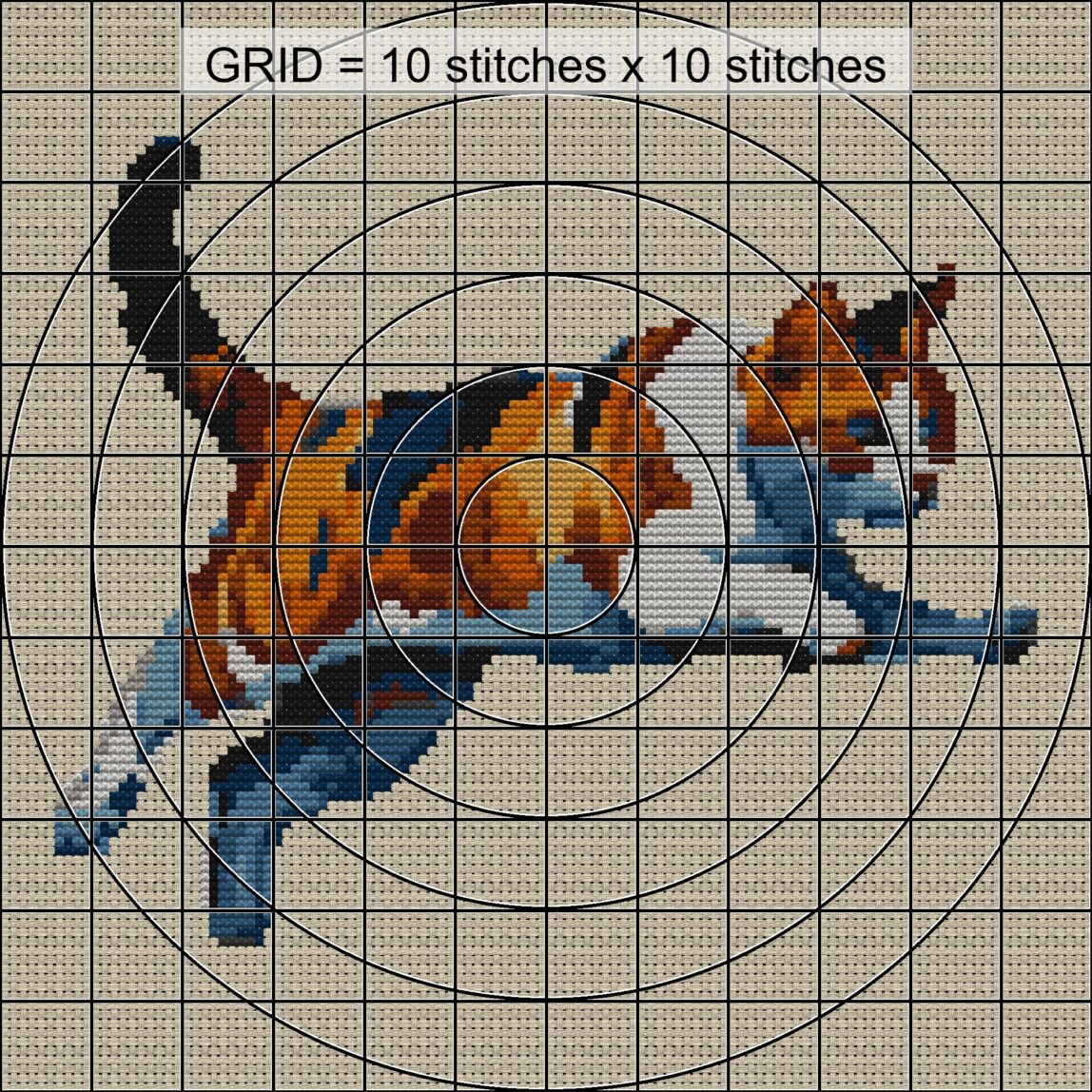 jumping-cat_012 close-up cross stitch detail showing color changes, confetti areas and stitch texture