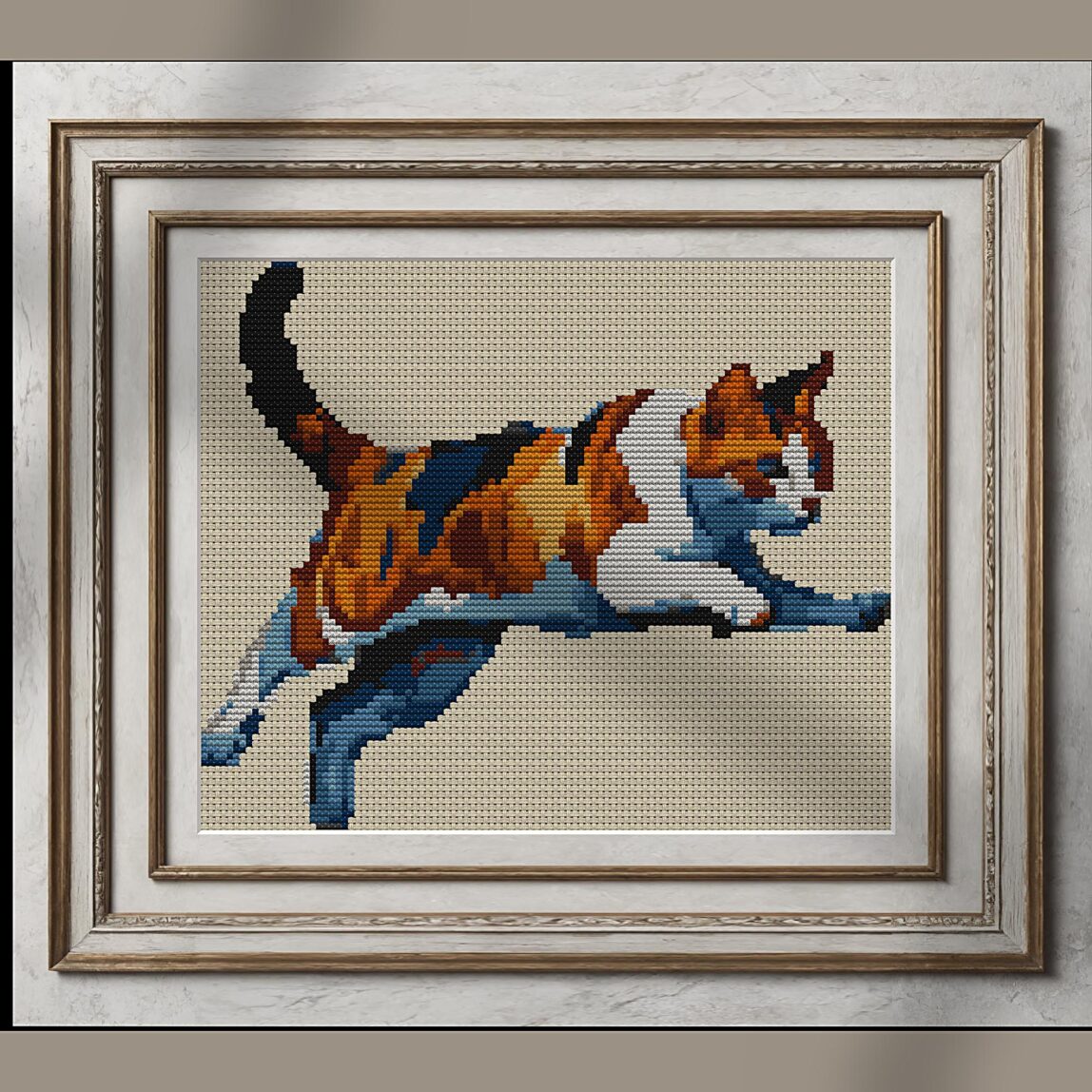 jumping-cat_012 alternative framed cross stitch mockup, realistic finished embroidery presentation