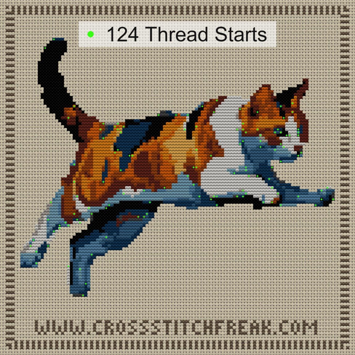 jumping-cat_012 cross stitch start point map with highlighted thread start positions in the full design