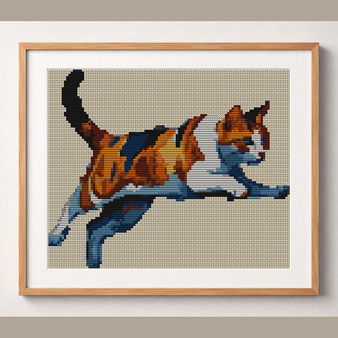 jumping-cat_012 framed cross stitch mockup, realistic finished embroidery design, PDF pattern digital download