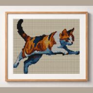 jumping-cat_012 framed cross stitch mockup, realistic finished embroidery design, PDF pattern digital download