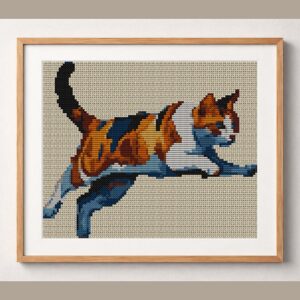 jumping-cat_012 framed cross stitch mockup, realistic finished embroidery design, PDF pattern digital download
