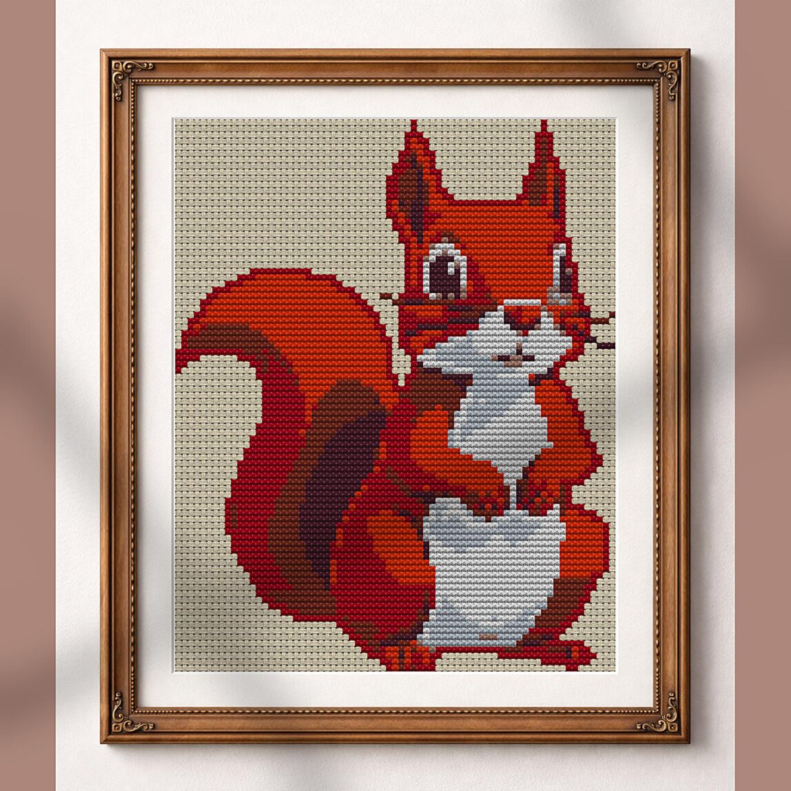 cute-squirrel_001 alternative framed cross stitch mockup, realistic finished embroidery presentation