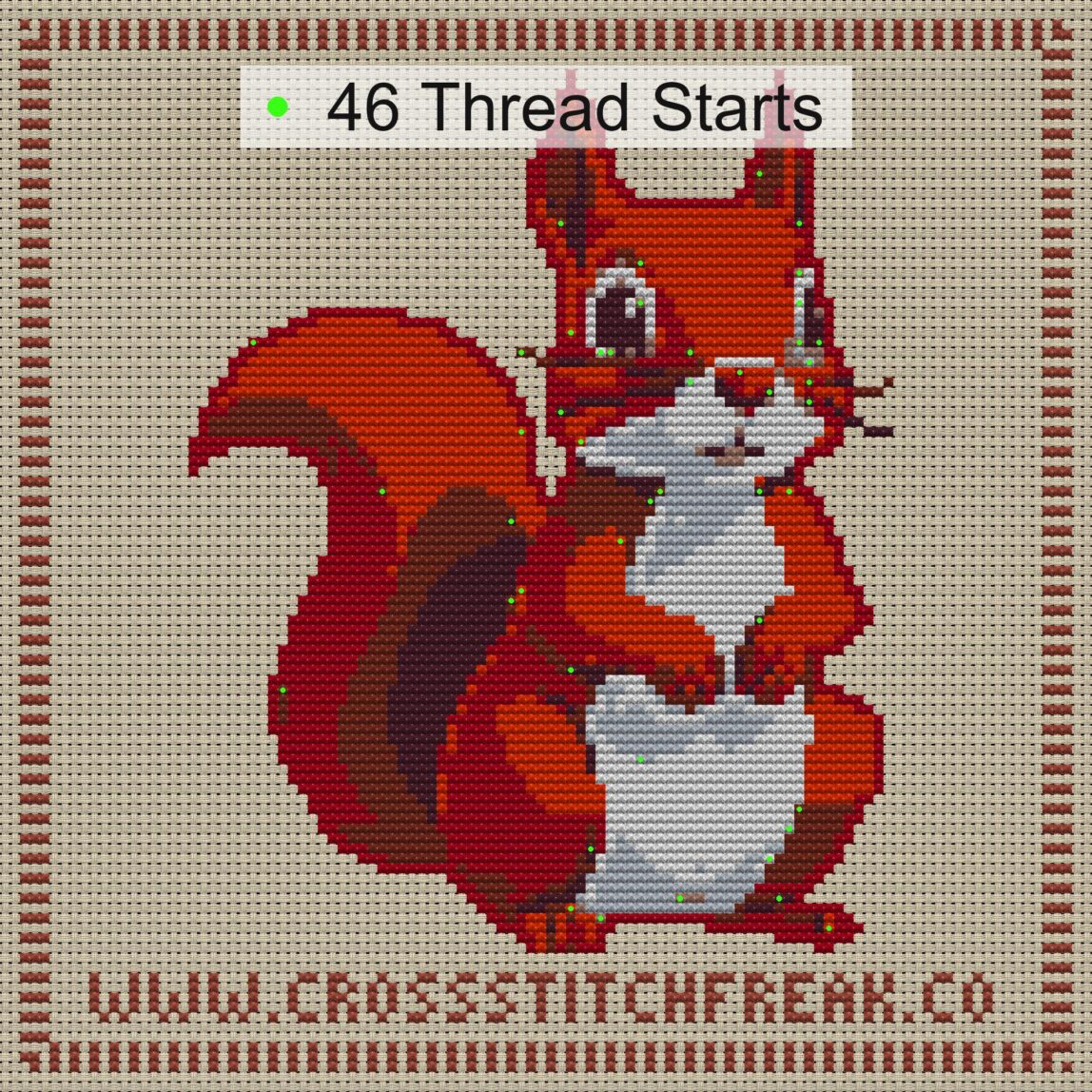 cute-squirrel_001 cross stitch start point map with highlighted thread start positions in the full design