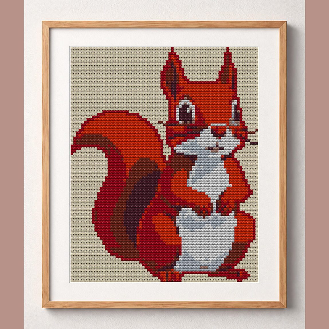 cute-squirrel_001 framed cross stitch mockup, realistic finished embroidery design, PDF pattern digital download