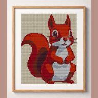 cute-squirrel_001 framed cross stitch mockup, realistic finished embroidery design, PDF pattern digital download