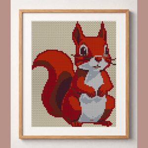 cute-squirrel_001 framed cross stitch mockup, realistic finished embroidery design, PDF pattern digital download