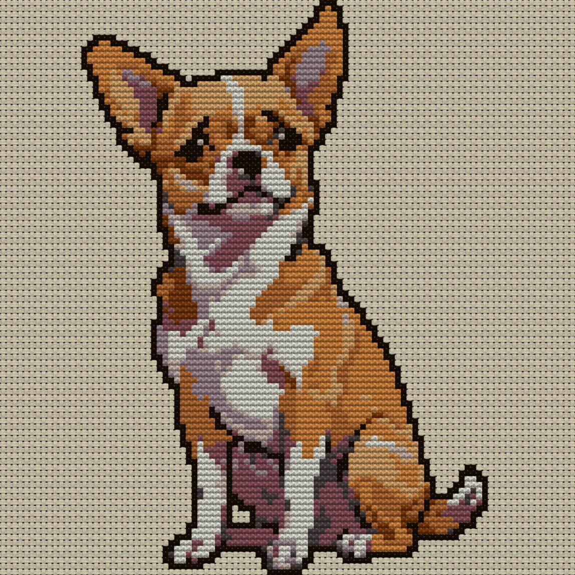 pensive-dog full cross stitch design mockup without frame, realistic embroidery preview