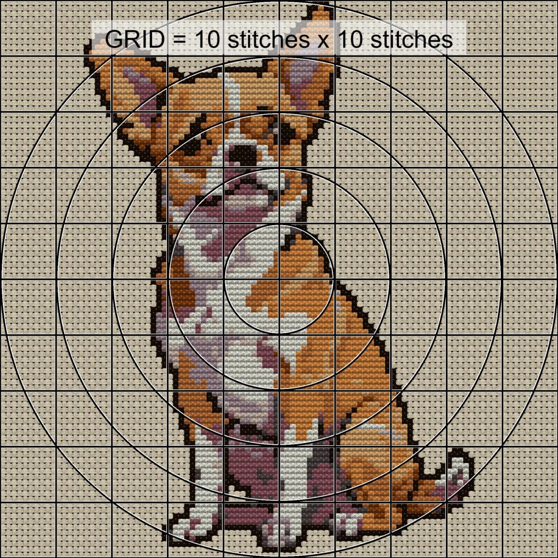 pensive-dog close-up cross stitch detail showing color changes, confetti areas and stitch texture