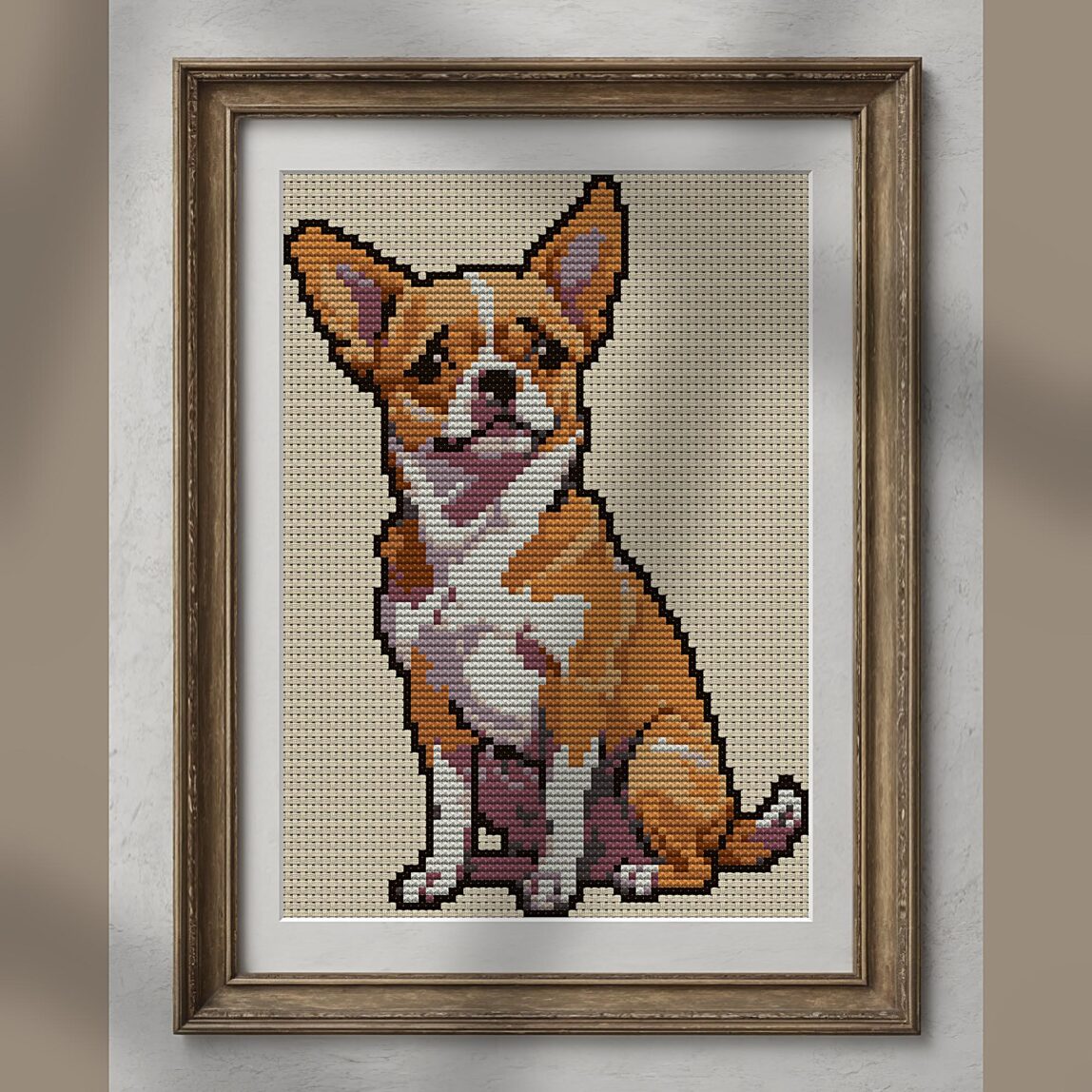 pensive-dog alternative framed cross stitch mockup, realistic finished embroidery presentation