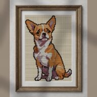 pensive-dog alternative framed cross stitch mockup, realistic finished embroidery presentation