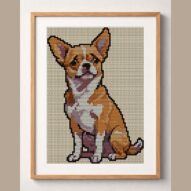 pensive-dog framed cross stitch mockup, realistic finished embroidery design, PDF pattern digital download