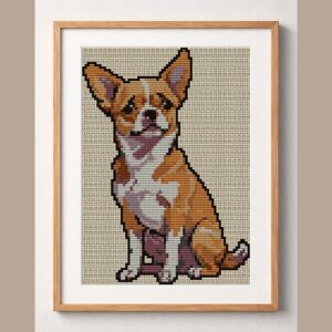 pensive-dog framed cross stitch mockup, realistic finished embroidery design, PDF pattern digital download