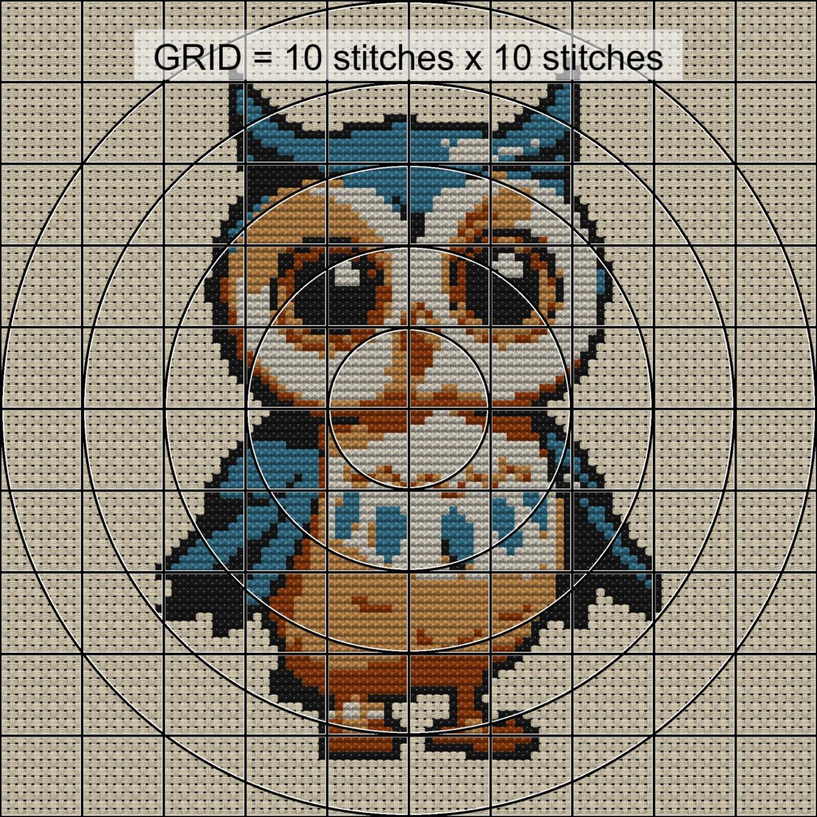 baby-owl close-up cross stitch detail showing color changes, confetti areas and stitch texture