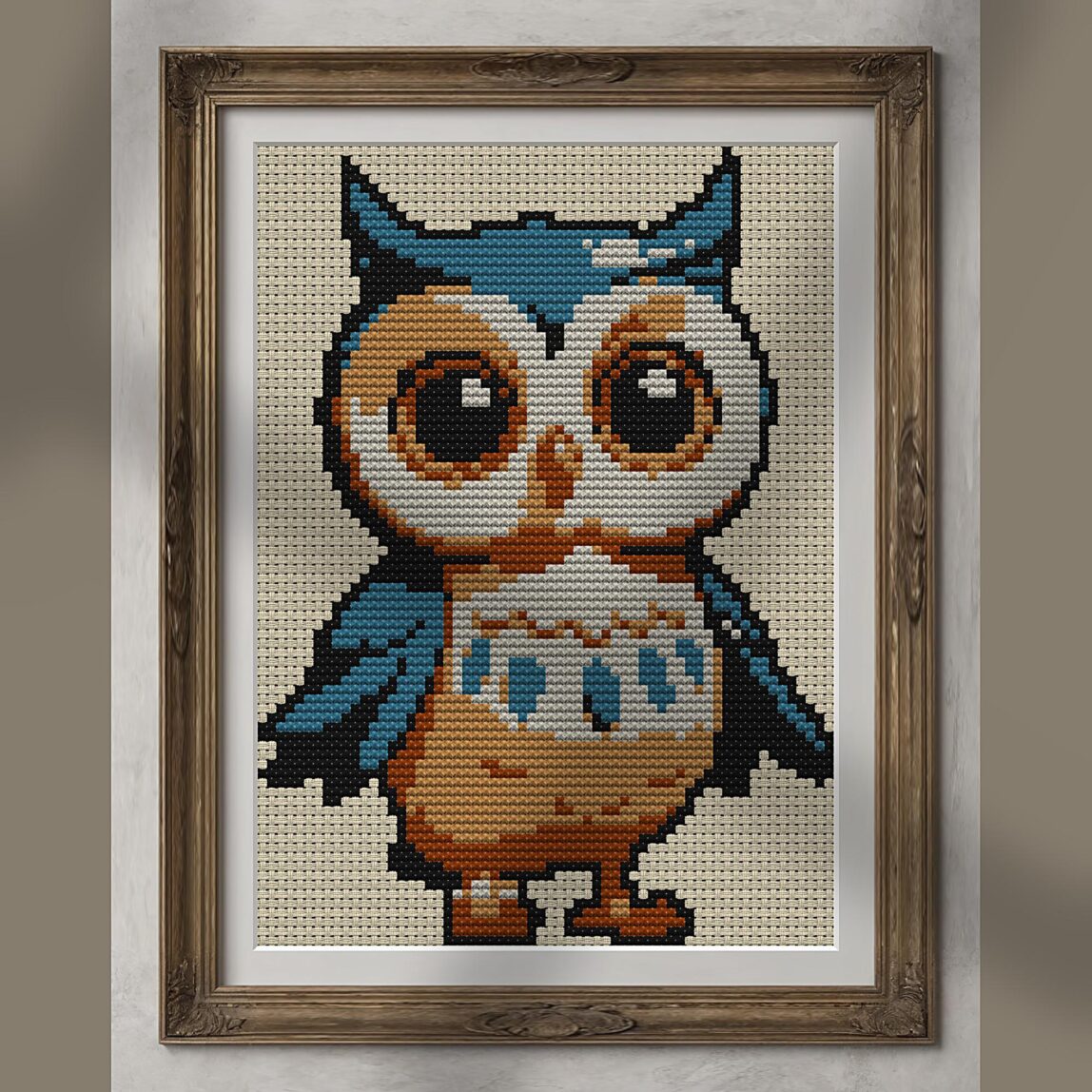 baby-owl alternative framed cross stitch mockup, realistic finished embroidery presentation