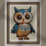 baby-owl alternative framed cross stitch mockup, realistic finished embroidery presentation