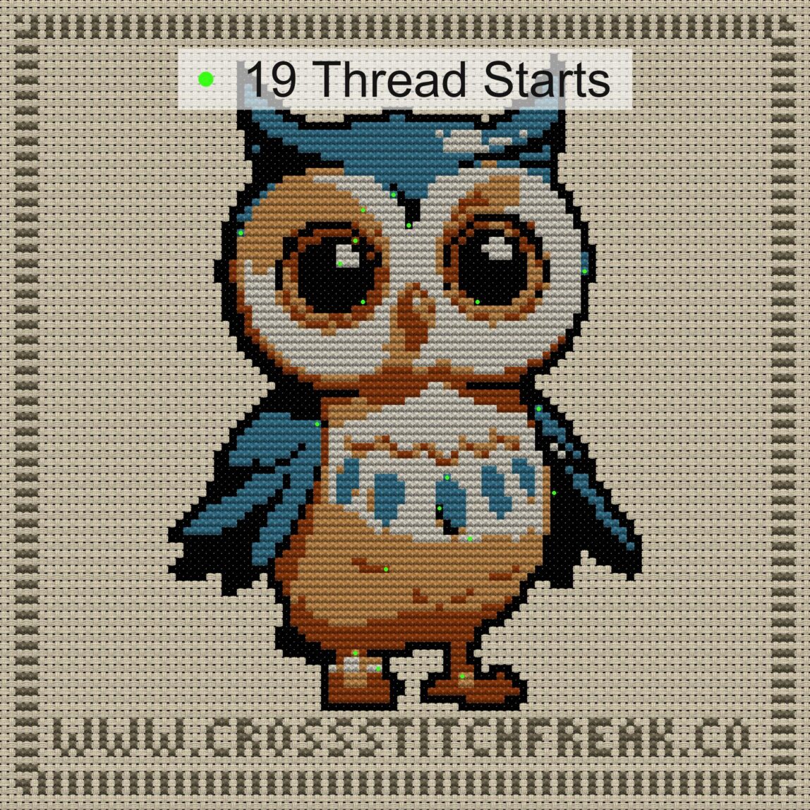 baby-owl cross stitch start point map with highlighted thread start positions in the full design