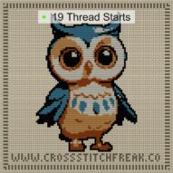 baby-owl cross stitch start point map with highlighted thread start positions in the full design
