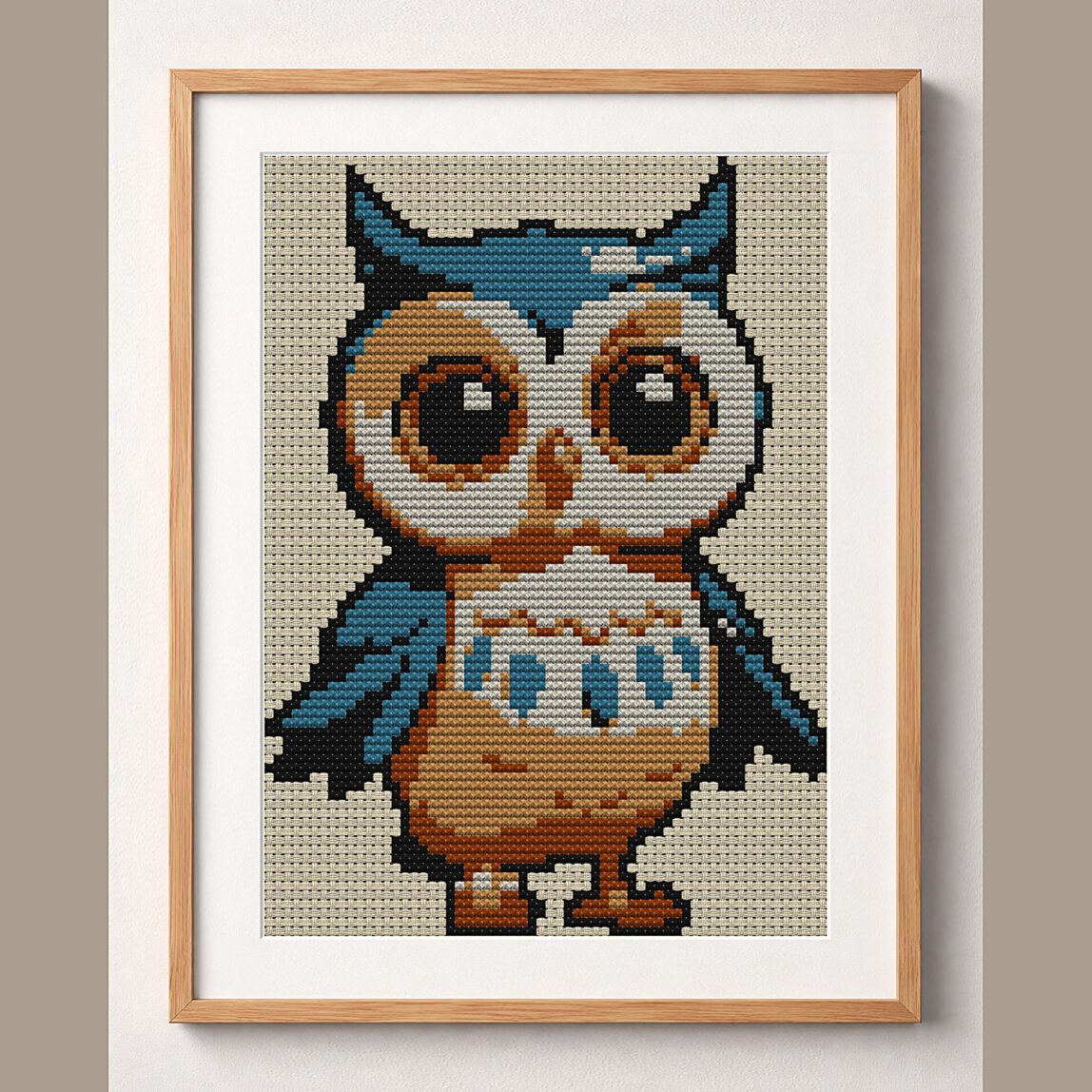 baby-owl framed cross stitch mockup, realistic finished embroidery design, PDF pattern digital download