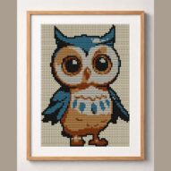 baby-owl framed cross stitch mockup, realistic finished embroidery design, PDF pattern digital download