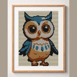 baby-owl framed cross stitch mockup, realistic finished embroidery design, PDF pattern digital download