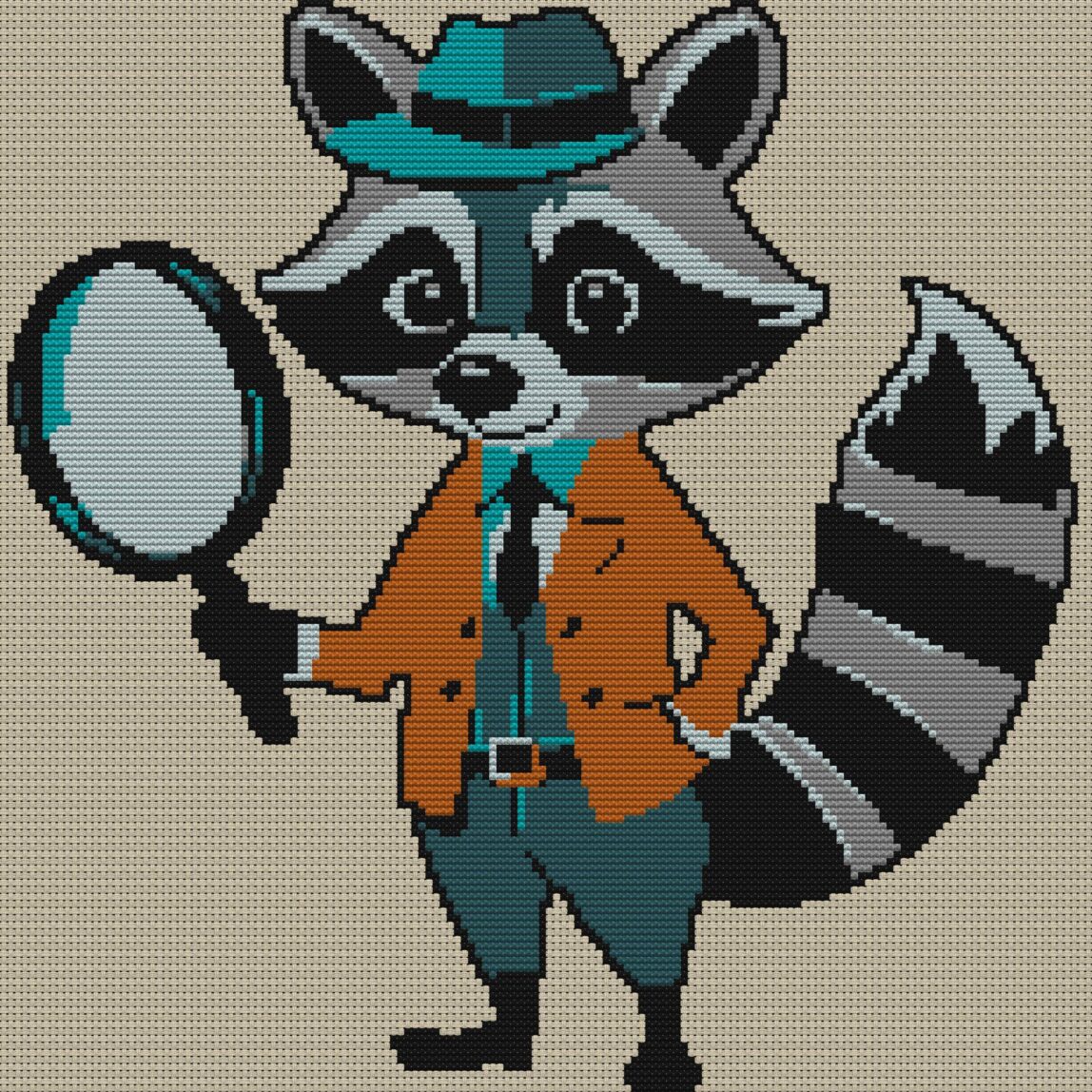 raccoon-detective full cross stitch design mockup without frame, realistic embroidery preview