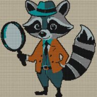 raccoon-detective full cross stitch design mockup without frame, realistic embroidery preview
