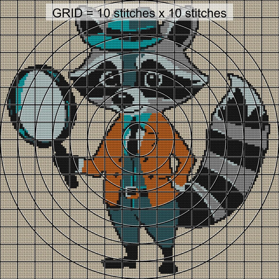raccoon-detective close-up cross stitch detail showing color changes, confetti areas and stitch texture