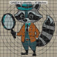 raccoon-detective close-up cross stitch detail showing color changes, confetti areas and stitch texture