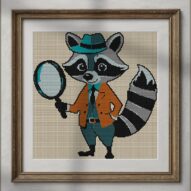 raccoon-detective alternative framed cross stitch mockup, realistic finished embroidery presentation