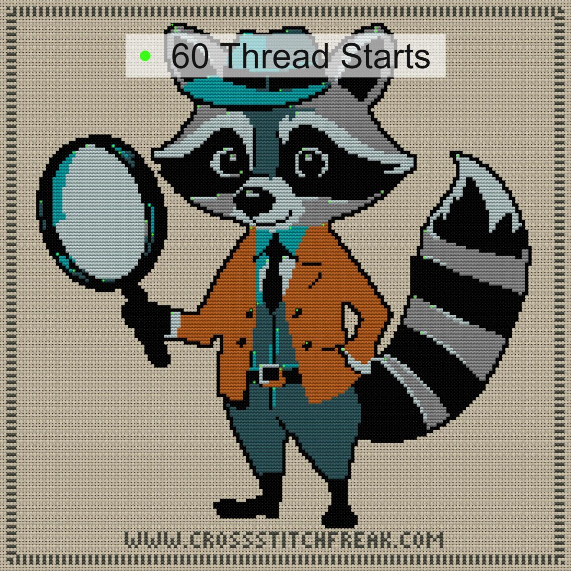 raccoon-detective cross stitch start point map with highlighted thread start positions in the full design