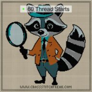 raccoon-detective cross stitch start point map with highlighted thread start positions in the full design