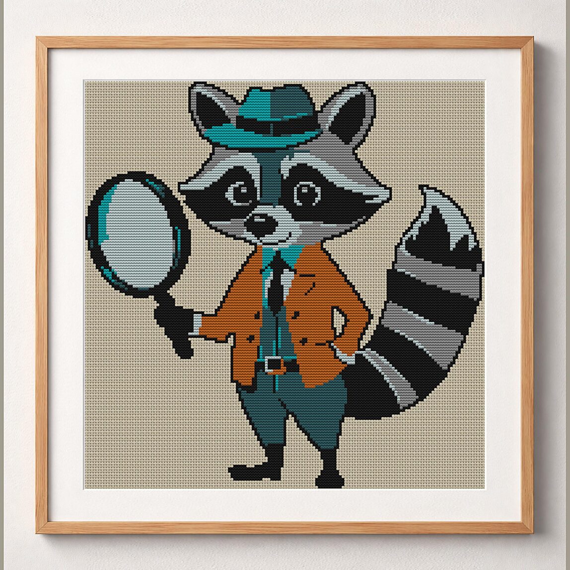 raccoon-detective framed cross stitch mockup, realistic finished embroidery design, PDF pattern digital download