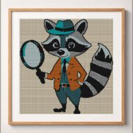 raccoon-detective framed cross stitch mockup, realistic finished embroidery design, PDF pattern digital download