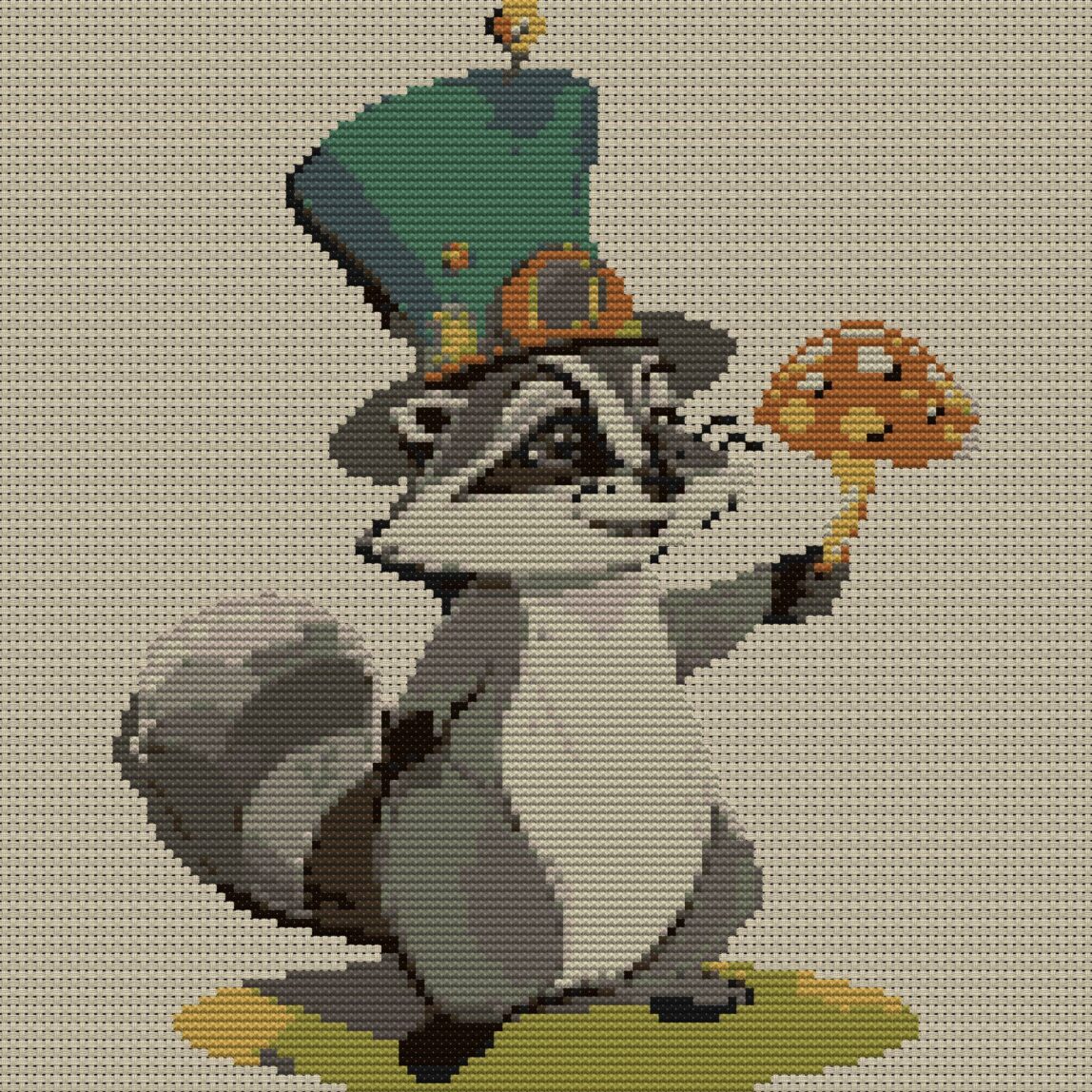 magic-raccoon-toadstool full cross stitch design mockup without frame, realistic embroidery preview
