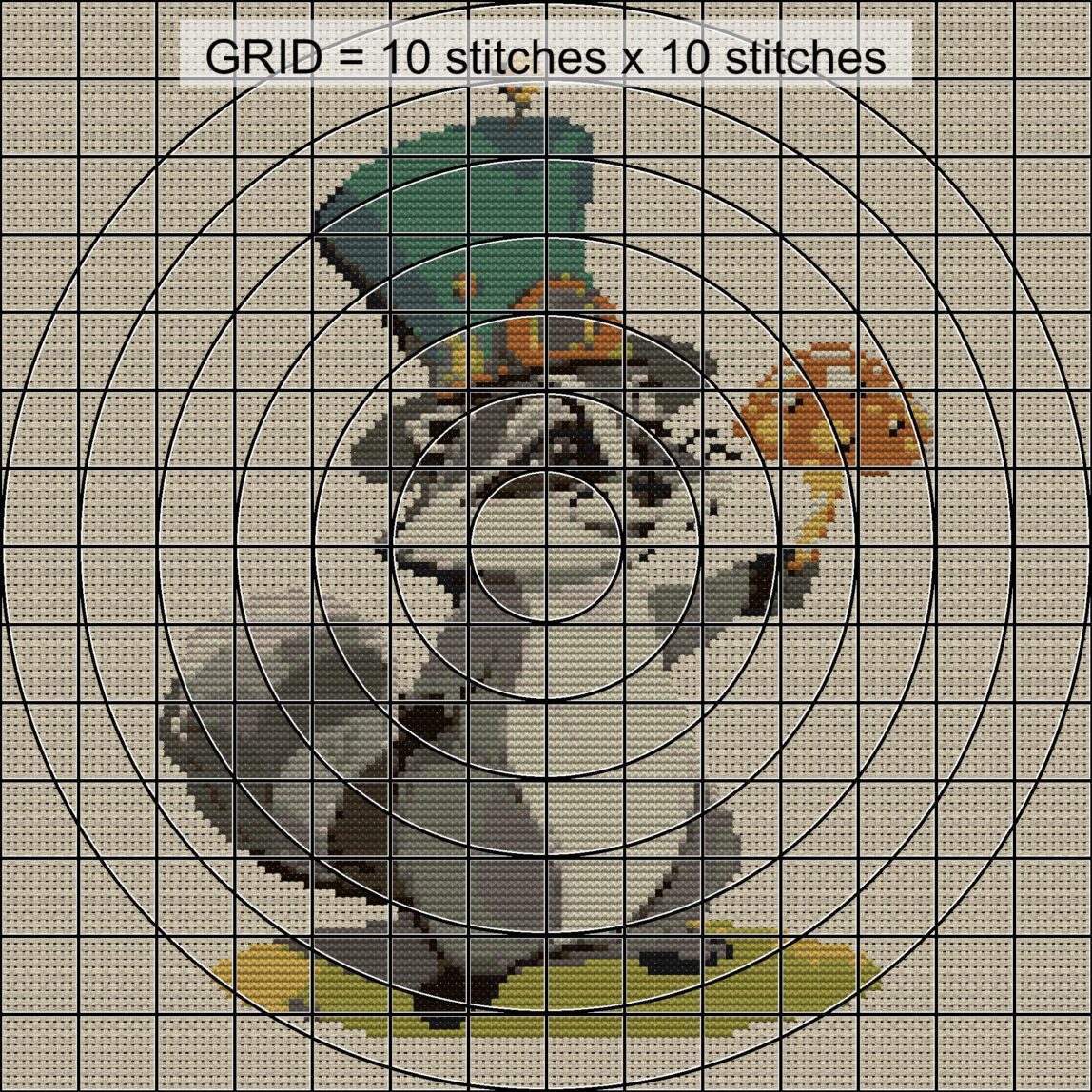 magic-raccoon-toadstool close-up cross stitch detail showing color changes, confetti areas and stitch texture