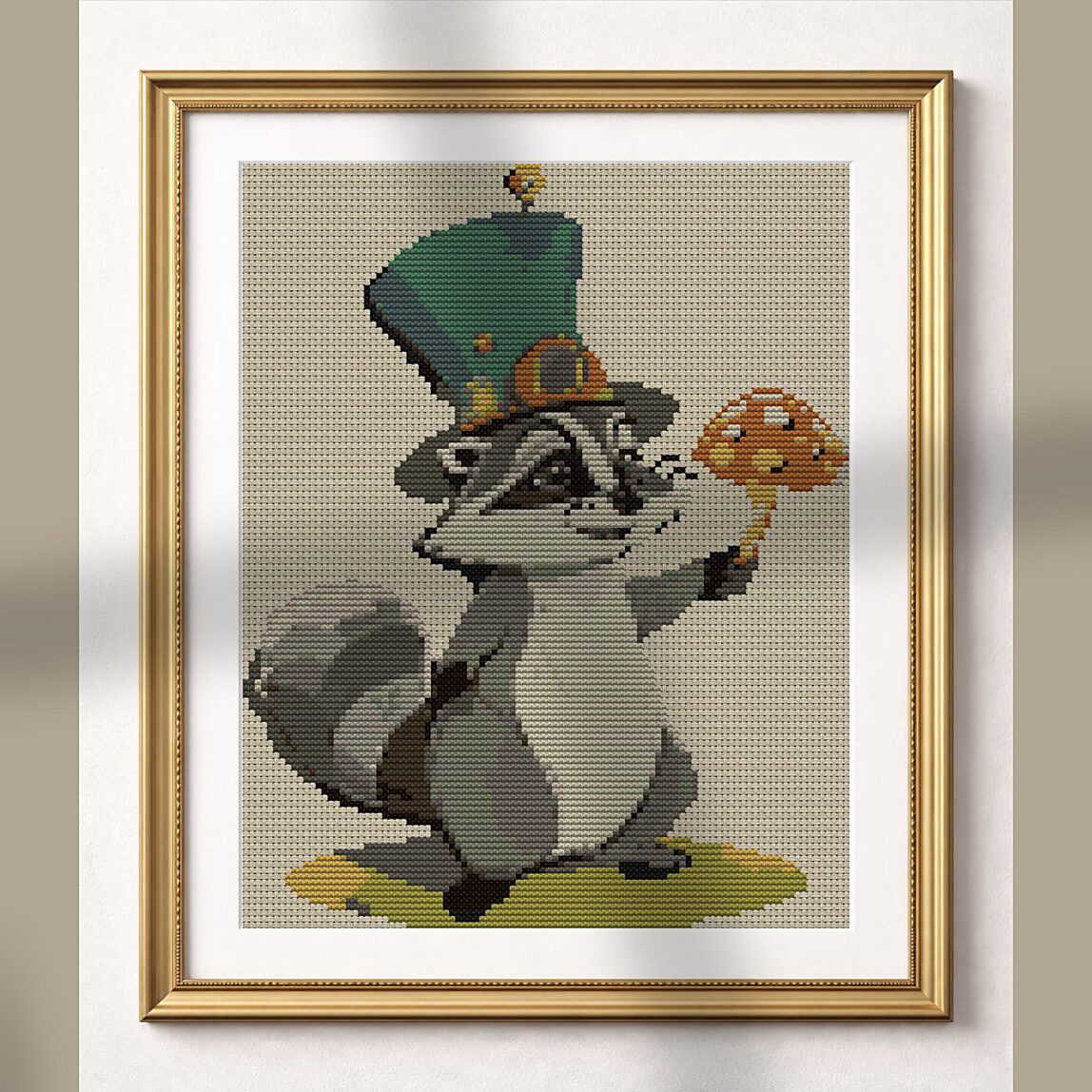 magic-raccoon-toadstool alternative framed cross stitch mockup, realistic finished embroidery presentation
