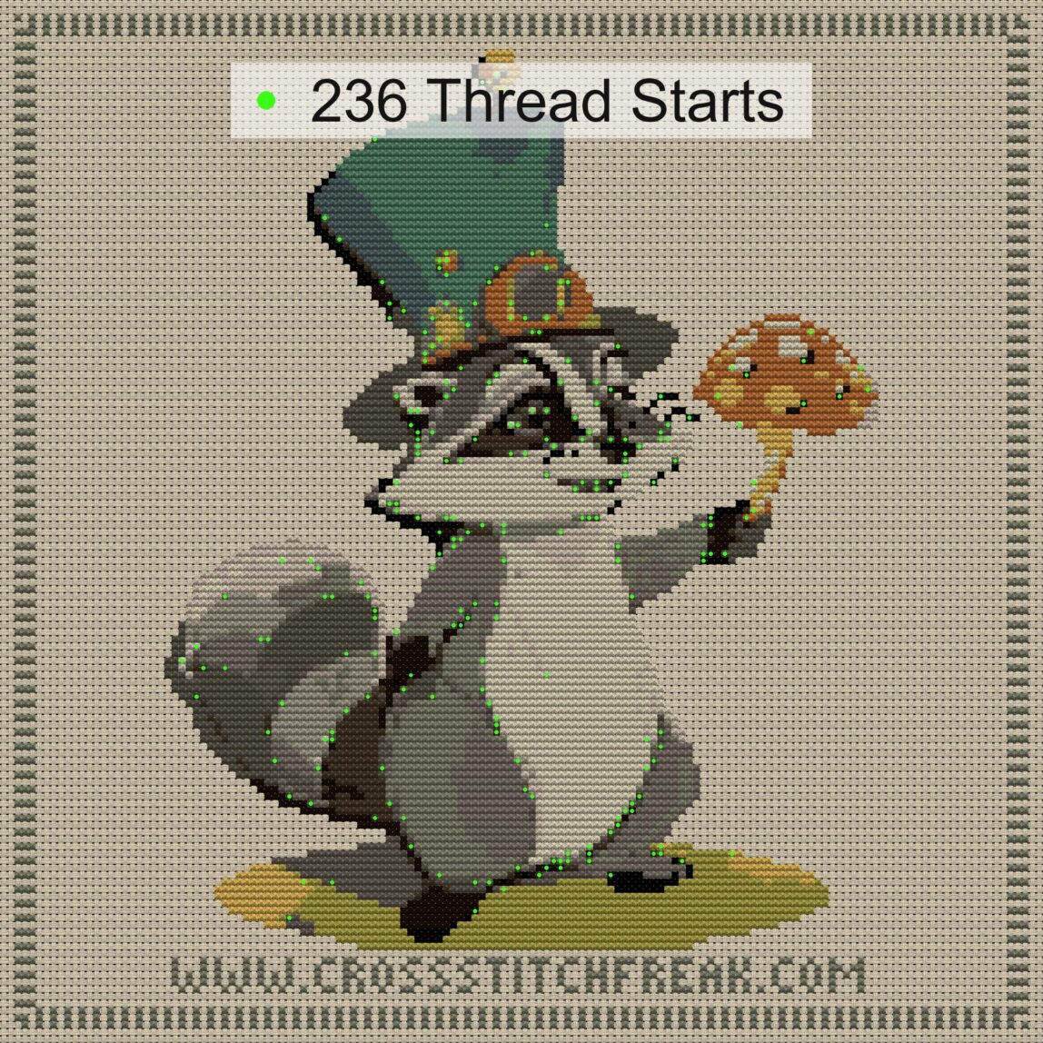 magic-raccoon-toadstool cross stitch start point map with highlighted thread start positions in the full design