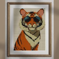 cool-tiger alternative framed cross stitch mockup, realistic finished embroidery presentation