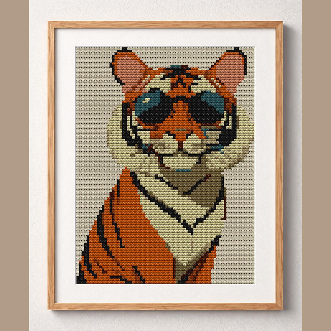 cool-tiger framed cross stitch mockup cool-tiger framed cross stitch mockup, realistic finished embroidery design, PDF pattern digital download