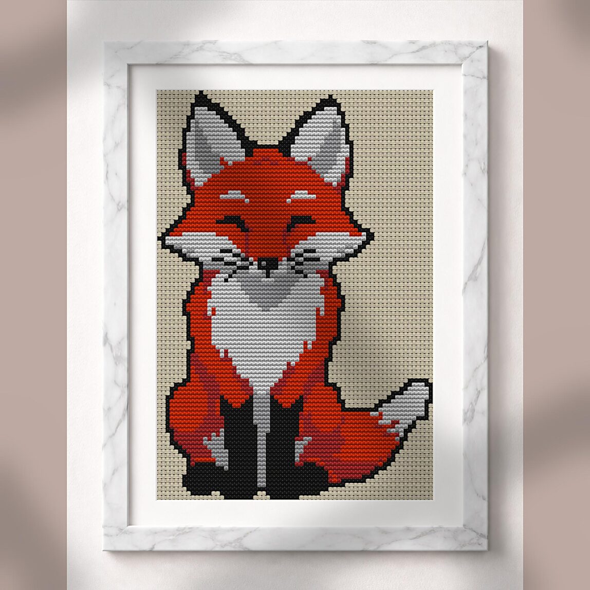 cleverly-grinning-fox_030 alternative framed cross stitch mockup, realistic finished embroidery presentation