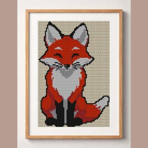 cleverly-grinning-fox_030 framed cross stitch mockup, realistic finished embroidery design, PDF pattern digital download